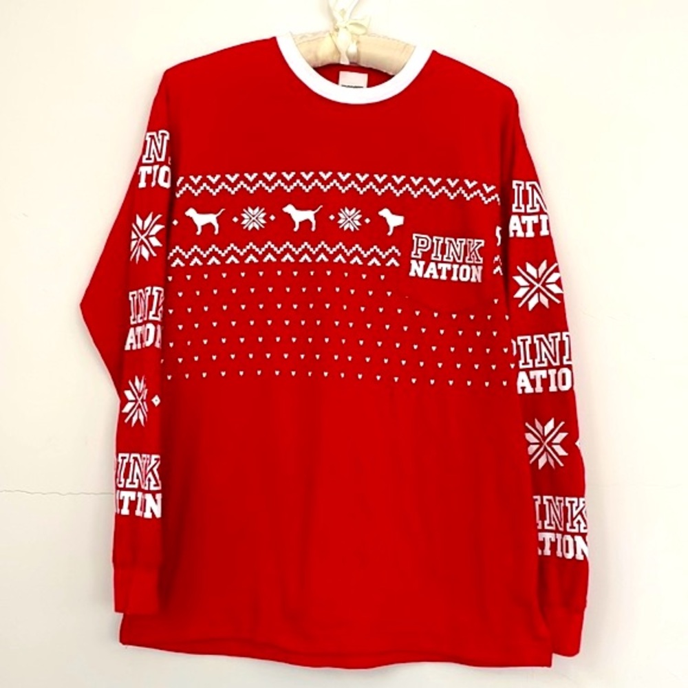 VS PINK Nation Holiday Long Sleeves Crewneck Tee, 100% Cotton, Size XS